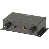 2 Channel Mixer with Microphone Preamp AM4201Takes your standard microphone level and boosts it for compatibility with line-level inputs.