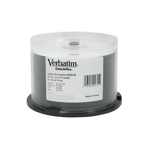 Verbatim DataLifePlus (Azo) DVD-R 4.7 GB White Inkjet Printable Spindle 50 Pack 16x